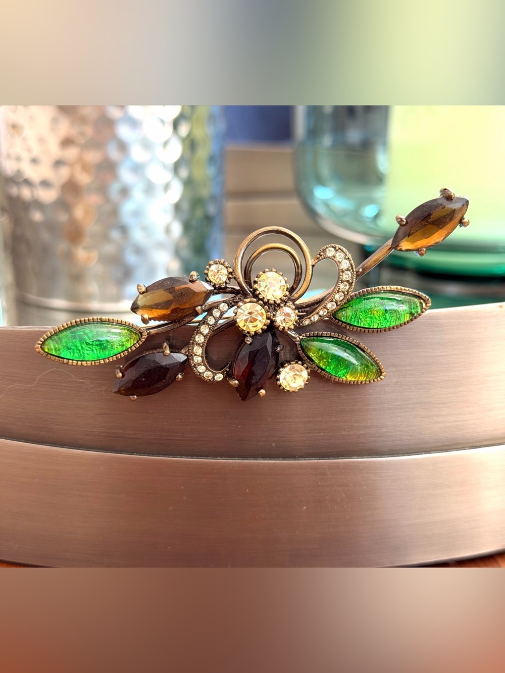 Joan Rivers Signed Green Brown Rhinestone Floral Statement Brooch 3.75”